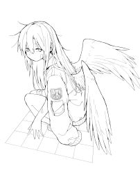 Rule 34 | 1girl, angel, angel wings, azumaya toushirou, bandaged leg, bandages, bandaid, bandaid on arm, bandaid on face, bandaid on neck, barefoot, checkered floor, commentary request, greyscale, hair between eyes, highres, jacket, jacket on shoulders, lineart, long hair, looking back, monochrome, original, resolution mismatch, simple background, sketch, solo, source larger, squatting, unfinished, white background, wings