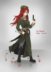 Rule 34 | 1girl, belt, beret, boots, braid, buttons, cyrillic, double-breasted, fan (pixiv1542431299), gun, hammer and sickle, hat, hat ornament, highres, holding, holding gun, holding weapon, hong meiling, long coat, long hair, military, military uniform, pants, red hair, russian text, shoulder belt, soviet, soviet army, star (symbol), star hat ornament, sword, touhou, twin braids, uniform, weapon