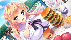 Rule 34 | + +, 1girl, blonde hair, blue eyes, blush, breast rest, breasts, chair, crown, day, drooling, dutch angle, earrings, fast food, food, french fries, game cg, garden, burger, headdress, huge breasts, hungry, jewelry, large breasts, leone goldbach, long hair, looking at viewer, love love life, open mouth, outdoors, saliva, sitting, soft drink, solo, star-shaped pupils, star (symbol), symbol-shaped pupils, upper body, wori