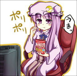 Rule 34 | 1girl, :t, blush, chair, crescent, dress, eating, female focus, hat, long hair, patchouli knowledge, purple eyes, purple hair, rioshi, snack, solo, television, touhou, translation request