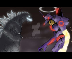 Rule 34 | armor, artist name, claws, crossover, deviantart username, duel, eva 01, evangelion: 2.0 you can (not) advance, fighting, glowing, glowing eye, glowing eyes, godzilla, godzilla (series), halo, horns, kaijuu, machinery, mecha, monster, neon genesis evangelion, night, no humans, no pupils, open mouth, paterack, pink eyes, rebuild of evangelion, red eyes, robot, scales, science fiction, sharp teeth, signature, single horn, smoke, teeth