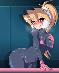 Rule 34 | 1girl, bent over, bikini, blonde hair, blush, bodysuit, breasts, ciel (mega man), commentary request, covered navel, gloves, grin, hair between eyes, headgear, heart, heart-shaped pupils, heavy breathing, high ponytail, hip focus, impossible bodysuit, impossible clothes, latex, latex bodysuit, long hair, medium breasts, mega man (series), mega man zero (series), micro bikini, pink bikini, pink gloves, ponytail, purple eyes, semikichi, skin tight, smile, solo, spandex, swimsuit, symbol-shaped pupils