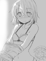 Rule 34 | 2girls, blush, bow, bow bra, bra, breasts, cleavage, closed mouth, collarbone, commentary request, efukei, greyscale, hair between eyes, hat, highres, looking at viewer, maribel hearn, mob cap, monochrome, multiple girls, navel, nose blush, open mouth, panties, short hair, small breasts, stomach, thumbs up, touhou, underwear, undressing, usami renko