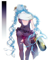 Rule 34 | 1girl, arm at side, ass, backboob, backless outfit, black dress, black footwear, blue hair, bodysuit, bodysuit under clothes, bottle, braid, breasts, capelet, draph, dress, drink, facing away, feet out of frame, floating hair, frilled dress, frills, from behind, g9l33, granblue fantasy, hair half undone, hand up, holding, holding bottle, horns, lamretta, long hair, pantyhose, pointy ears, side slit, simple background, skin tight, skirt hold, solo, standing, torn clothes, torn pantyhose, twin braids, twintails, very long hair, white background, white capelet, wine bottle, wiping face