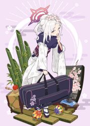 Rule 34 | 1girl, absurdres, aka ringo, bag, ball, blue archive, duffel bag, floral print, flower, full body, fur collar, grey hair, hair flower, hair ornament, halo, hand to own mouth, highres, holding, holding bag, japanese clothes, kimono, long sleeves, looking at viewer, mutsuki (blue archive), mutsuki (new year) (blue archive), obi, open mouth, pink eyes, pink flower, sash, simple background, solo, standing, white kimono, wide sleeves