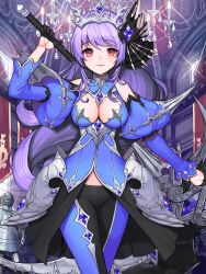 Rule 34 | 1girl, armor, black gloves, breasts, chandelier, cleavage, closed mouth, cowboy shot, crown, fantasy, gem, gloves, half gloves, highres, holding, holding scythe, holding weapon, kyundoo, large breasts, long hair, looking at viewer, original, pants, puffy sleeves, purple hair, red eyes, scythe, smile, solo, weapon