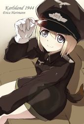 Rule 34 | 00s, 1girl, adjusting clothes, adjusting headwear, bad id, bad pixiv id, bare legs, blonde hair, blue eyes, erica hartmann, hat, kisetsu, long sleeves, looking up, military, military uniform, no pants, peaked cap, short hair, sitting, solo, strike witches, uniform, world witches series