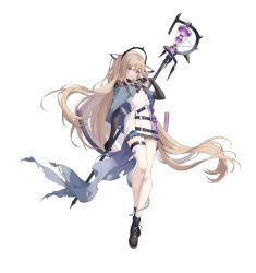 Rule 34 | 1girl, absurdres, arknights, belt, blonde hair, boots, breasts, capelet, chinese commentary, closed mouth, expressionless, frilled skirt, frills, full body, hair between eyes, highres, holding, holding staff, holding weapon, idass (idass16), indigo (arknights), long hair, looking at viewer, miniskirt, o-ring, purple eyes, shrug (clothing), simple background, skirt, small breasts, solo, staff, standing, thigh strap, very long hair, weapon, white background