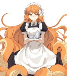 Rule 34 | 1girl, apron, black dress, black ribbon, blush, bow, closed mouth, cup, dress, freckles, green eyes, hair bow, highres, holding, holding tray, ishmael (project moon), kettle, limbus company, long hair, looking at viewer, love mintchoco, maid headdress, orange hair, project moon, puffy short sleeves, puffy sleeves, ribbon, short sleeves, simple background, solo, teacup, tentacles, tentacles under clothes, tray, very long hair, white apron, white background, white bow
