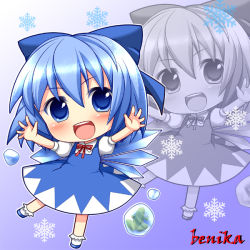 Rule 34 | 1girl, artist name, bad id, bad pixiv id, benika (benikaone), blue eyes, blue hair, blush, bow, chibi, cirno, dress, frog, frozen, frozen frog, gradient background, hair bow, ice, ice wings, looking at viewer, matching hair/eyes, open mouth, outstretched hand, short hair, smile, snowflakes, solo, touhou, wings, zoom layer