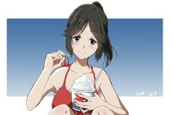 Rule 34 | 1girl, bad id, bad twitter id, bare shoulders, bikini, bikini top only, black hair, blue eyes, blush, cherry, closed mouth, collarbone, cup, food, fruit, hand up, hibike! euphonium, highres, holding, holding cup, holding food, ice cream, kasaki nozomi, knees up, liz to aoi tori, long hair, looking at viewer, ponytail, red bikini, shaved ice, sitting, smile, solo, swimsuit, tree bowbow