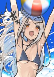 Rule 34 | 1girl, arms up, ashinowoto, ball, bare arms, bare shoulders, beachball, black bra, bra, breasts, breasts apart, floating hair, gakuen idolmaster, grey hair, highres, idolmaster, long hair, looking up, navel, open mouth, orange eyes, outdoors, ribs, shinosawa hiro, small breasts, smile, solo, underwear, upper body, water, wet