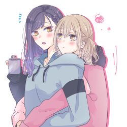 Rule 34 | 2girls, azusawa kohane, bad id, bad pixiv id, black jacket, blue hair, blue hoodie, blush, brown eyes, coffee, collarbone, commentary, cup, dark blue hair, dot nose, double-parted bangs, drawstring, drink, flying sweatdrops, gradient eyes, gradient hair, hair between eyes, hair ornament, hairclip, highres, holding, holding cup, holding drink, hood, hood down, hooded jacket, hoodie, hug, hug from behind, jacket, light brown hair, long hair, long sleeves, looking at another, looking to the side, low twintails, medium hair, mug, multicolored clothes, multicolored eyes, multicolored hair, multicolored jacket, multiple girls, nose blush, open mouth, parted lips, pink jacket, project sekai, reyravi1024, scribble, shiraishi an, simple background, star (symbol), star hair ornament, swept bangs, twintails, two-tone hoodie, two-tone jacket, white background, yellow eyes, yuri