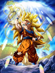 Rule 34 | 1boy, arm up, belt, blonde hair, blue belt, blue eyes, blue footwear, blue shirt, blue wristband, building, chibi, clenched hands, cloud, cloudy sky, commentary, debris, derivative work, dougi, dragon, dragon ball, dragon ball z dokkan battle, dragon fist, dragonball z, english commentary, glowing, grin, highres, light, light particles, long hair, looking up, male focus, martial arts belt, muscular, muscular male, no eyebrows, orange pants, orange shirt, pants, raised fist, redrawn, renaluna, shenron (dragon ball), shirt, signature, sky, smile, solo, son goku, spiked hair, standing, super saiyan, super saiyan 3, torn clothes, wristband