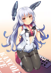 Rule 34 | 1girl, absurdres, adapted costume, bare shoulders, black pantyhose, blunt bangs, blush, boots, bow, bowtie, breasts, closed mouth, dress, full body, gloves, gradient background, hair ribbon, hands on own chest, headgear, highres, horosuke, kantai collection, kneeling, long hair, looking at viewer, murakumo (kancolle), murakumo kai ni (kancolle), necktie, orange eyes, pantyhose, race queen, red footwear, red neckwear, ribbon, sailor dress, shadow, shiny clothes, shiny skin, silver hair, simple background, sleeveless, smile, solo, thighband pantyhose, tress ribbon, zipper pull tab