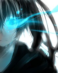 Rule 34 | 10s, 1girl, aheruk, bad id, bad pixiv id, black hair, black rock shooter, black rock shooter (character), blue eyes, blue fire, coat, female focus, fire, long hair, monochrome, solo, spot color, twintails, white background