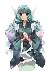 Rule 34 | 1girl, blue eyes, blue hair, curly hair, dress, fins, frilled dress, frilled sleeves, frills, own hands clasped, japanese clothes, kimono, long hair, long sleeves, looking at viewer, matching hair/eyes, mermaid, monster girl, no-kan, obi, own hands together, sash, smile, solo, tail, touhou, wakasagihime