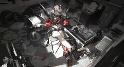 Rule 34 | 1girl, absurdres, antennae, arknights, black footwear, black jacket, black shorts, blood on ground, boots, box, briefcase, cabinet, camera, checkered floor, commentary request, crossed legs, dark, demon horns, demon tail, finger gun, finger gun to head, grey hair, hands up, highres, horns, indoors, jacket, john f. kennedy, keyboard (computer), looking at viewer, makinohara ue, map, medium hair, monitor, mouse (computer), multicolored clothes, multicolored jacket, newspaper, open mouth, puffy sleeves, real life, red eyes, red jacket, refrigerator, shorts, smile, solo, tail, tire, trash can, two-tone jacket, w (arknights), wide shot, wis&#039;adel (arknights)