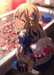 Rule 34 | 10s, 1girl, bad id, bad twitter id, blurry, blush, brown eyes, brown hair, depth of field, floral print, flower, from behind, goldfish scooping, hair flower, hair ornament, japanese clothes, kimono, kunikida hanamaru, long hair, looking at viewer, looking back, looking up, love live!, love live! school idol festival, love live! sunshine!!, obi, ogipote, open mouth, poi (goldfish scoop), sash, solo, squatting, tabi, water balloon