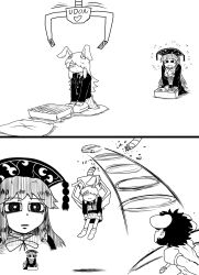 Rule 34 | 2koma, 3girls, :&lt;, anger vein, animal ears, blazer, carrot necklace, chessboard, chinese clothes, comic, crane (machine), crane game, crescent, crescent pin, greyscale, highres, inaba tewi, jacket, jewelry, junko (touhou), long hair, mallet, monochrome, multiple girls, necklace, necktie, nicetack, pleated skirt, rabbit ears, reisen udongein inaba, sidelocks, silent comic, simple background, skirt, socks, tabard, throwing, touhou