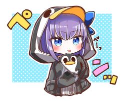 Rule 34 | 1girl, absurdres, animal hood, black jacket, blue background, blue bow, blue eyes, blush, bow, chibi, closed mouth, commentary request, cropped torso, fate/extra, fate/extra ccc, fate (series), highres, hood, hood up, hooded jacket, jacket, jako (jakoo21), long sleeves, looking at viewer, meltryllis (fate), meltryllis (swimsuit lancer) (first ascension) (fate), penguin hood, polka dot, polka dot background, puffy long sleeves, puffy sleeves, purple hair, sidelocks, sleeves past fingers, sleeves past wrists, solo, stuffed animal, stuffed penguin, stuffed toy, tongue, tongue out, translation request, two-tone background, upper body, v-shaped eyebrows, white background