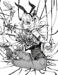 1girl a.i._voice aa_(happy2525_aao) adachi_rei alternate_costume android animal_ears arm_behind_back arm_up cable closed_mouth commentary_request entangled fake_animal_ears from_side full_body greyscale hair_ribbon hand_up highres leotard looking_at_viewer looking_to_the_side monochrome one_side_up pantyhose playboy_bunny rabbit_ears rabbit_tail radio_antenna ribbon salute severed_arm severed_leg severed_limb shoes simple_background sitting sneakers solo tail tangled_cord utau