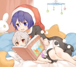 Rule 34 | 2girls, aged down, bad id, bad twitter id, bed, blue eyes, blue hair, book, child, doremy sweet, hat, holding, holding book, kishin sagume, lying, misha (hoongju), multiple girls, nightcap, open book, pillow, pom pom (clothes), reading, red eyes, silver hair, touhou, wings