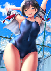 Rule 34 | 1girl, arms up, bare shoulders, black hair, breasts, brown eyes, chain-link fence, cloud, competition school swimsuit, covered navel, cowboy shot, day, dutch angle, fence, gluteal fold, hose, kase daiki, looking at viewer, one-piece swimsuit, open clothes, open mouth, original, outdoors, outstretched arms, sailor collar, sailor shirt, school swimsuit, school uniform, serafuku, shiny clothes, shirt, short hair, sky, small breasts, smile, solo, splashing, standing, swimsuit, swimsuit under clothes, thigh gap, thighs, undressing, water, water drop, wet, wet clothes
