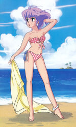 Rule 34 | 1girl, \n/, adjusting hair, ahoge, anklet, armpits, artist request, bandeau, barefoot, beach, bikini, breasts, cleavage, creamy mami, day, earrings, front-tie bikini top, front-tie top, full body, hand in own hair, highres, island, jewelry, kitagawa yuuko, lipstick, mahou no tenshi creamy mami, makeup, morisawa yuu, navel, official art, outdoors, palm tree, pink bikini, polka dot, polka dot bikini, purple hair, sand, short hair, solo, standing, strapless, strapless bikini, striped bikini, striped clothes, sunglasses, swimsuit, towel, tree