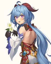 Rule 34 | 1girl, ahoge, artist name, back, backless outfit, black gloves, blue hair, blush, bow, chinese knot, detached sleeves, dpin (user adhr8855), eating flower, flower, flower knot, from behind, ganyu (genshin impact), genshin impact, gloves, gold trim, holding, holding flower, horns, long hair, looking at viewer, looking back, low ponytail, open mouth, purple eyes, qingxin flower, solo, upper body, vision (genshin impact), wavy mouth, white flower, white sleeves, wide sleeves