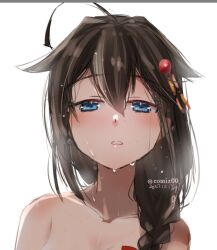 Rule 34 | 1girl, ahoge, bare shoulders, black hair, blue eyes, braid, commentary request, hair flaps, hair ornament, hair over shoulder, kantai collection, kimura shiki, long hair, looking at viewer, shigure (kancolle), shigure kai ni (kancolle), simple background, single braid, upper body, wet, white background