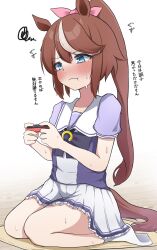 Rule 34 | 1girl, :t, absurdres, animal ears, bare legs, black bow, blue eyes, blush, bow, brown hair, closed mouth, commentary request, controller, full body, gokurin, high ponytail, highres, holding, holding controller, horse ears, horse girl, horse tail, long hair, multicolored hair, no shoes, nose blush, purple shirt, sailor collar, seiza, shirt, sidelocks, sitting, skirt, socks, solo, squiggle, tail, tearing up, tokai teio (umamusume), translated, two-tone hair, umamusume, white background, white sailor collar, white skirt, white socks, wooden floor