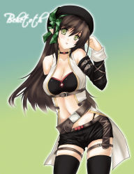 Rule 34 | 1girl, :p, alternate color, alternate costume, alternate hair color, artist request, belt, beret, black thighhighs, bow, breasts, brown hair, choker, cleavage, detached sleeves, elsword, green eyes, hat, highres, long hair, midriff, navel, rena erindel, ribbon, short shorts, shorts, solo, source request, thighhighs, thong, tongue, tongue out