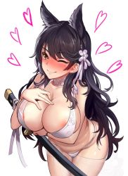 Rule 34 | 1girl, animal ears, areola slip, atago (azur lane), atago (summer march) (azur lane), azur lane, bad id, bad twitter id, bikini, black hair, blush, breasts, brown eyes, choker, cleavage, commentary request, cowboy shot, dikko, extra ears, flower, hair flower, hair ornament, large breasts, long hair, mole, mole under eye, nose blush, one eye closed, simple background, solo, swept bangs, swimsuit, white background, white bikini, white choker, white flower