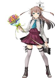 Rule 34 | 1girl, aqua necktie, blue eyes, boots, bouquet, brown hair, collared shirt, cross-laced footwear, flower, fujikawa, full body, grey thighhighs, holding, holding bouquet, kantai collection, kazagumo (kancolle), kazagumo kai ni (kancolle), lace-up boots, long hair, machinery, necktie, official art, orange flower, ponytail, purple flower, purple skirt, purple tulip, purple vest, rigging, shirt, skirt, smile, solo, thighhighs, torpedo, torpedo launcher, torpedo tubes, transparent background, tulip, vest, white shirt