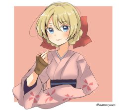 Rule 34 | 1girl, blonde hair, blue eyes, blush, border, braid, cropped torso, floral print, girls und panzer, hair ribbon, highres, japanese clothes, kimono, looking at viewer, namatyoco, one-hour drawing challenge, outside border, pink background, ribbon, simple background, smile, solo, white border