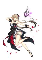 Rule 34 | 1girl, arm garter, arm up, armpits, bare shoulders, black choker, black dress, black footwear, black hair, blonde hair, breasts, choker, cleavage, closed mouth, closers, dress, floating hair, full body, gradient hair, harpy (closers), high heels, highres, lantern, large breasts, leg up, long hair, looking at viewer, multicolored hair, nail polish, non-web source, official art, outstretched arm, short dress, simple background, smile, solo, strapless, strapless dress, thighs, two-tone dress, two-tone hair, white background, white dress
