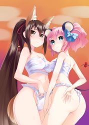Rule 34 | 10s, 2girls, a (show by rock!!), animal ears, ass, brown eyes, brown hair, fox ears, fox tail, fundoshi, green eyes, hair ornament, highres, long hair, mouse ears, mouse tail, multiple girls, pink hair, ponytail, sarashi, short hair, show by rock!!, tail, takano natsuki, twintails, un (show by rock!!), very long hair