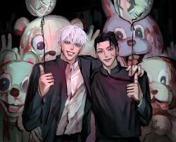 Rule 34 | 2boys, animal costume, balloon, black hair, blood, blood on clothes, blood on face, blue eyes, collared shirt, colored eyelashes, ear piercing, getou suguru, gojou satoru, hair between eyes, hair bun, hair slicked back, hand on another&#039;s hip, hand on another&#039;s shoulder, highres, jujutsu kaisen, looking at viewer, male focus, multiple boys, nada ge, piercing, school uniform, shirt, smile, thumbs up, upper body, white hair, white shirt