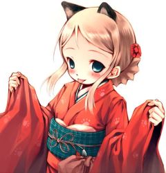 Rule 34 | animal ears, blonde hair, blue eyes, blush, cat ears, flat chest, flower, japanese clothes, kimono, short hair, tongue