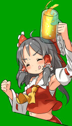 Rule 34 | 1girl, :q, alcohol, arm up, armpits, ascot, beer, beer mug, berazasu, black hair, blush, bow, clenched hand, closed eyes, closed mouth, collared shirt, commentary request, cookie (touhou), cup, detached sleeves, drunk, frilled bow, frilled hair tubes, frilled shirt collar, frills, green background, hair bow, hair tubes, hakurei reimu, holding, holding cup, long hair, low ponytail, medium bangs, midriff, mug, navel, red bow, red shirt, red skirt, ribbon-trimmed sleeves, ribbon trim, sananana (cookie), shirt, sidelocks, simple background, skirt, skirt set, sleeveless, sleeveless shirt, smile, solo, tongue, tongue out, touhou, upper body, white sleeves, wide sleeves, yellow ascot