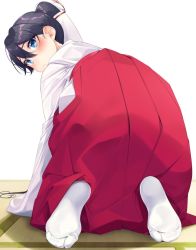 Rule 34 | 10s, 1girl, 3:, all fours, alternate costume, black hair, blue eyes, blush, closed mouth, commentary request, feet, from behind, hair between eyes, hakama, hakama skirt, highres, houshou (kancolle), japanese clothes, kantai collection, long skirt, long sleeves, looking at viewer, looking back, miko, nezumi doshi, no shoes, pleated skirt, ponytail, red skirt, simple background, skirt, soles, solo, tabi, tatami, toes, white background, white legwear