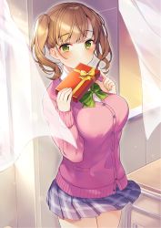 Rule 34 | 1girl, blue skirt, blush, bow, box, breasts, brown hair, cardigan, commentary request, covered mouth, covering own mouth, curtains, desk, gift, green bow, green eyes, hands up, highres, holding, holding gift, indoors, large breasts, long sleeves, looking at viewer, miniskirt, original, pink cardigan, plaid, plaid skirt, pleated skirt, ringozaka mariko, shirt, short hair, skirt, solo, striped, striped bow, white shirt