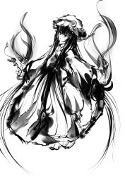 Rule 34 | 1girl, dress, female focus, fire, greyscale, hanuu, hat, long hair, long sleeves, mob cap, monochrome, patchouli knowledge, sidelocks, simple background, solo, touhou, very long hair, white background