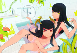 2girls bad_id bad_pixiv_id bath black_hair demon_tail green_eyes harano horns long_hair looking_at_viewer multiple_girls nude original red_eyes tail