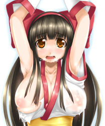 Rule 34 | 1girl, armpits, arms up, bad id, bad pixiv id, black hair, bow, breasts, brown eyes, detached sleeves, dou-t, female focus, gradient background, hair bow, lactation, lactation through clothes, large breasts, long hair, nakoruru, nipples, samurai spirits, see-through, snk, solo, tears, torn clothes, white background