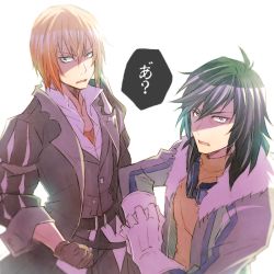 Rule 34 | 2boys, belt, black coat, black hair, blonde hair, blue eyes, brown gloves, clenched hand, coat, eizen (tales), gloves, goggles, green hair, grey eyes, grey jacket, hisui hearts, jacket, looking at viewer, male focus, messy hair, mishiro (andante), multiple boys, pants, serious, shaded face, shirt, tales of (series), tales of berseria, tales of hearts, trait connection, white background, white gloves, yellow shirt