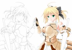 Rule 34 | 1girl, ahoge, armor, armored dress, artoria pendragon (fate), bad id, bad pixiv id, bare shoulders, blonde hair, bow, capcom, fate/stay night, fate/unlimited codes, fate (series), gauntlets, green eyes, hair bow, lineart, long hair, ponytail, reflectional symmetry, saber (fate), saber lily, shouyan, solo, sword, symmetry, weapon