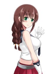 Rule 34 | 1girl, braid, brown hair, gloves, green eyes, highres, kantai collection, long hair, looking at viewer, noshiro (kancolle), pleated skirt, school uniform, serafuku, simple background, skirt, smile, solo, the-sinner, twin braids, waving, white background, white gloves
