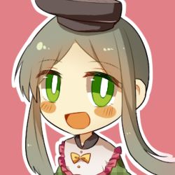 Rule 34 | 1girl, black hat, blush, blush stickers, bow, buttons, dress, green dress, green eyes, green hair, hat, keiko (emoticon), lowres, open mouth, pink background, portrait, short hair with long locks, simple background, smile, solo, teireida mai, touhou, yellow bow